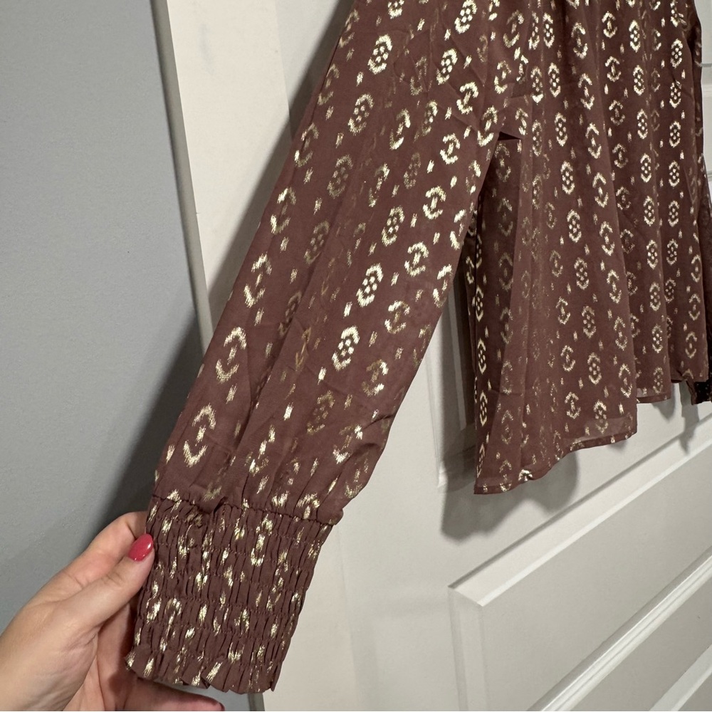 Mystree Brown and Gold Smocked Blouse - Picture 4 of 11